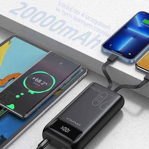 AWEI PowerBank P169K 20000mAh 22.5W juodos spalvos display + PD/Lightning cables