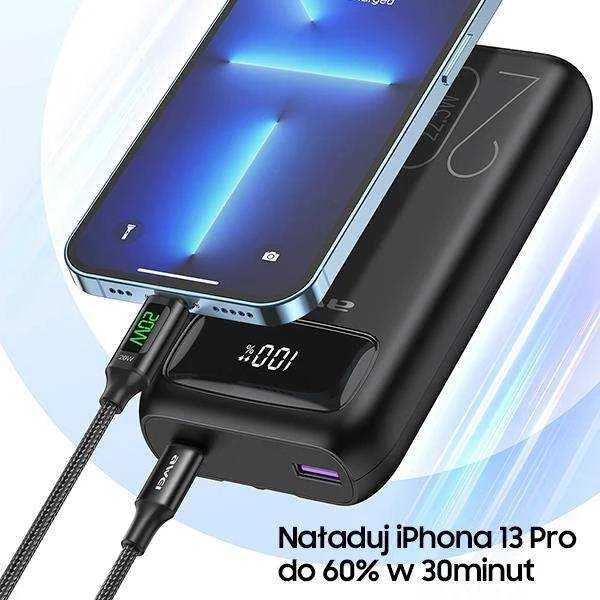 AWEI PowerBank P169K 20000mAh 22.5W juodos spalvos display + PD/Lightning cables