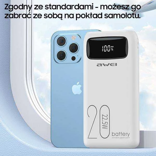 AWEI PowerBank P169K 20000mAh 22.5W juodos spalvos display + PD/Lightning cables