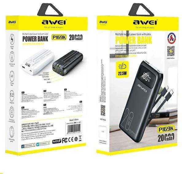 AWEI PowerBank P169K 20000mAh 22.5W juodos spalvos display + PD/Lightning cables