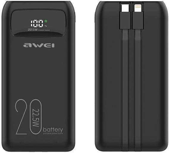 AWEI PowerBank P169K 20000mAh 22.5W juodos spalvos display + PD/Lightning cables
