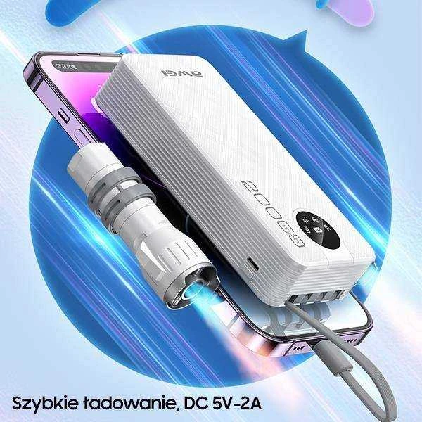 AWEI PowerBank P134K 20000mAh juodos spalvos ekranas + USB/PD/Lightning/MicroUSB laidai