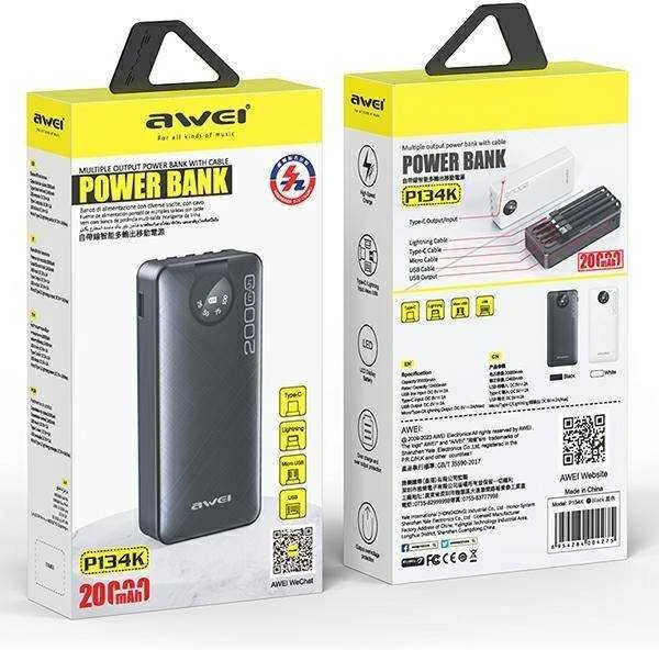 AWEI PowerBank P134K 20000mAh juodos spalvos ekranas + USB/PD/Lightning/MicroUSB laidai
