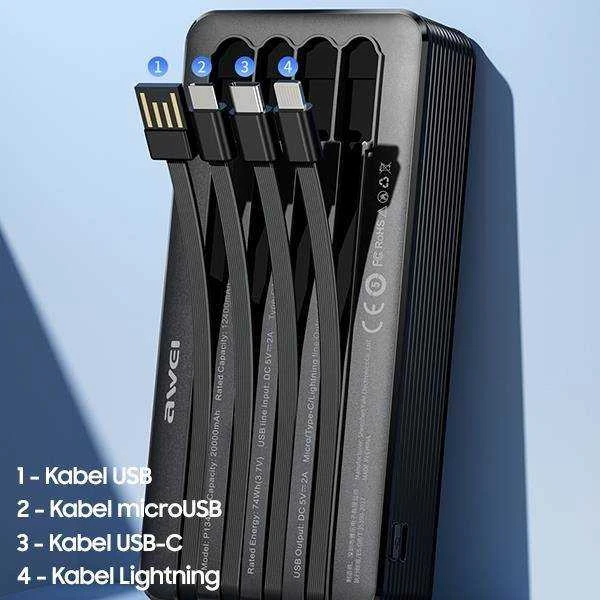 AWEI PowerBank P134K 20000mAh juodos spalvos ekranas + USB/PD/Lightning/MicroUSB laidai