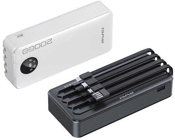 AWEI PowerBank P134K 20000mAh juodos spalvos ekranas + USB/PD/Lightning/MicroUSB laidai