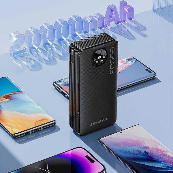 AWEI PowerBank P134K 20000mAh juodos spalvos ekranas + USB/PD/Lightning/MicroUSB laidai