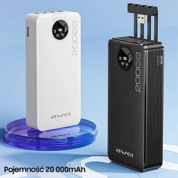 AWEI PowerBank P134K 20000mAh juodos spalvos ekranas + USB/PD/Lightning/MicroUSB laidai