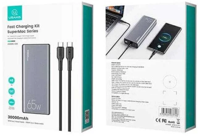 USAMS Powerbank PB59 30000mAh 65W 2xQC3.0 + PD Fast Charge juodos spalvos CMXLOGTC01 (US-CD165) + U cable