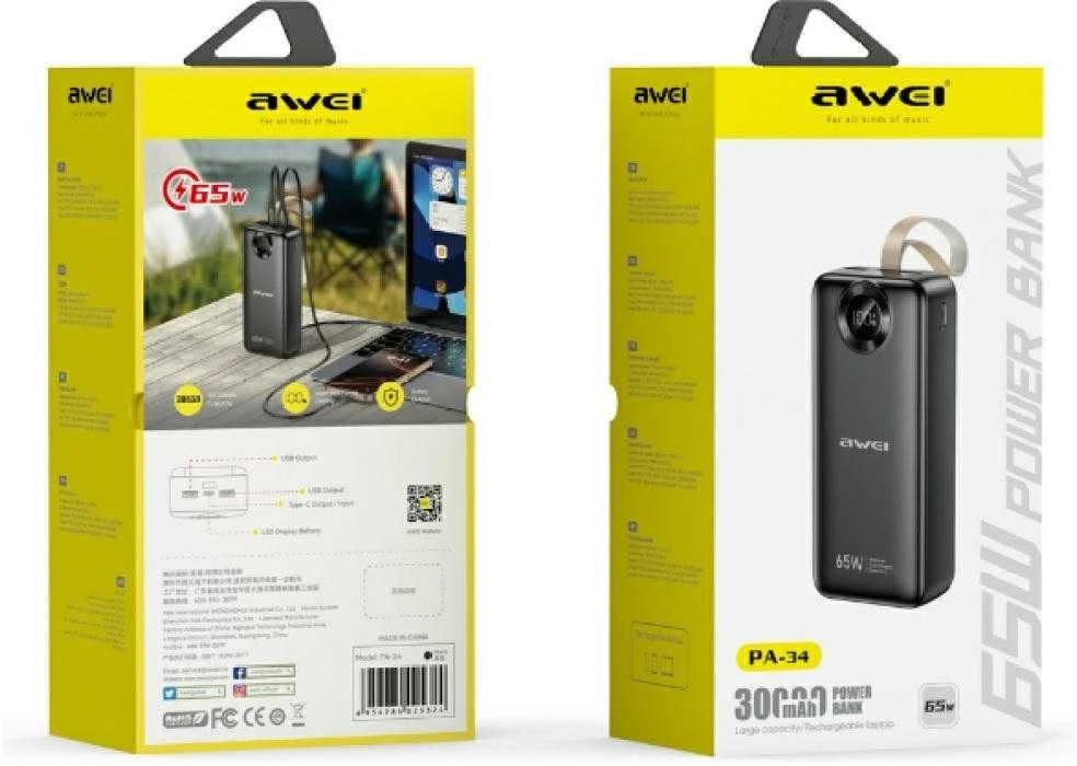 Powerbank Awei PA-34 30000mAh 65W Fast charging juodos spalvos
