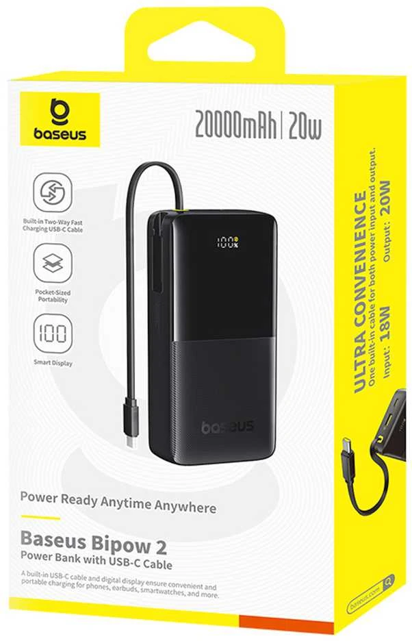 LiPo išorinis akumuliatorius (Powerbank) 20000mAh 20W, su įmontuotu USB-C kabeliu, USB-A, USB-C Bipow2 Juodas BASEUS