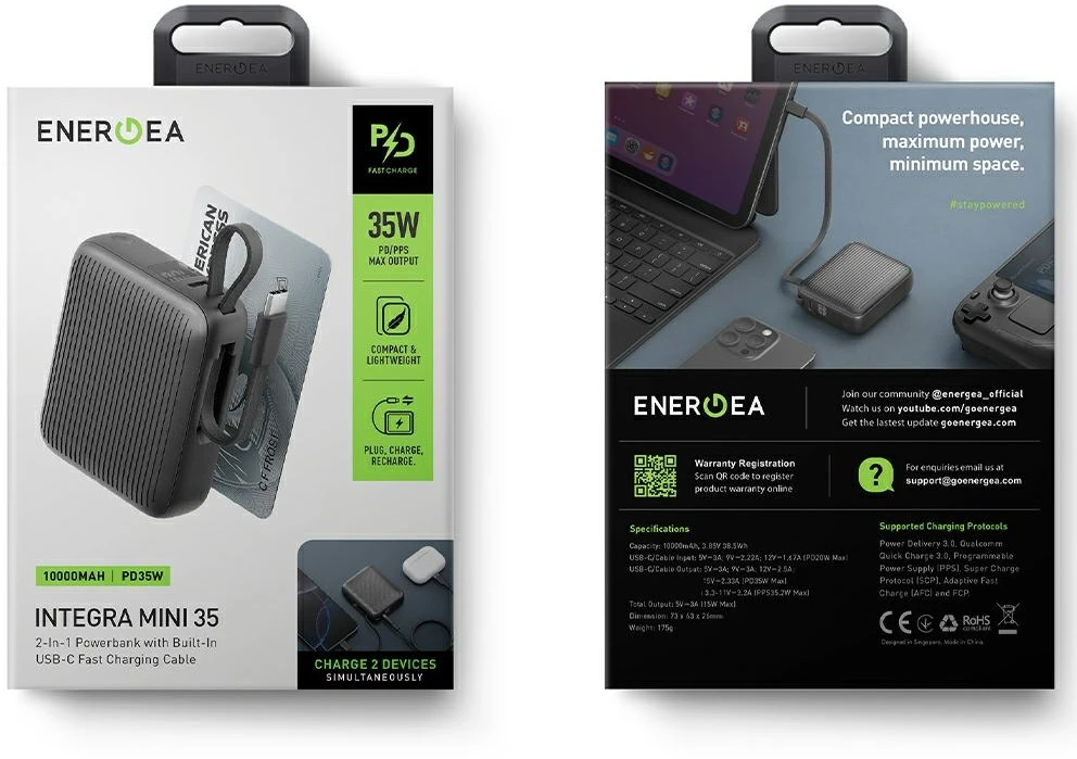 PowerBank Energea Integra Mini 35 10000mAh cableUSB-C PD35W pilkos spalvos