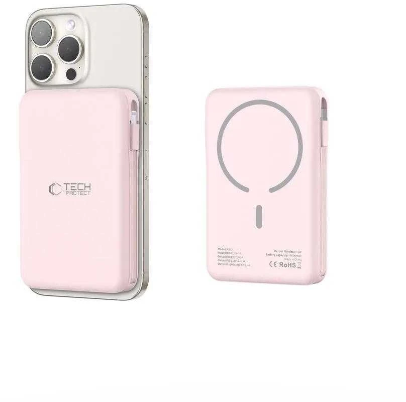 Išorinė baterija „Tech-Protect PB31 LifeMag MagSafe 10000 mAh“ – rožinė