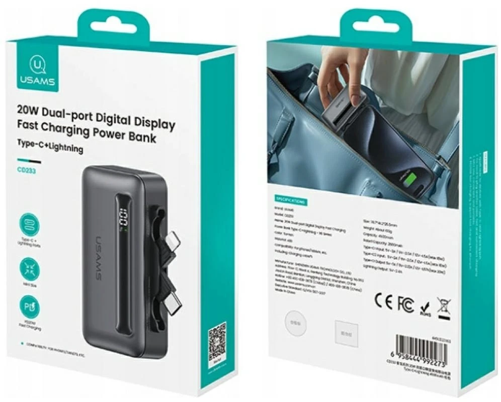 Nešiojamoji baterija USAMS XB-Series CD233 5000mAh PD 20W su USB-C / Lightning laidu, spalvota