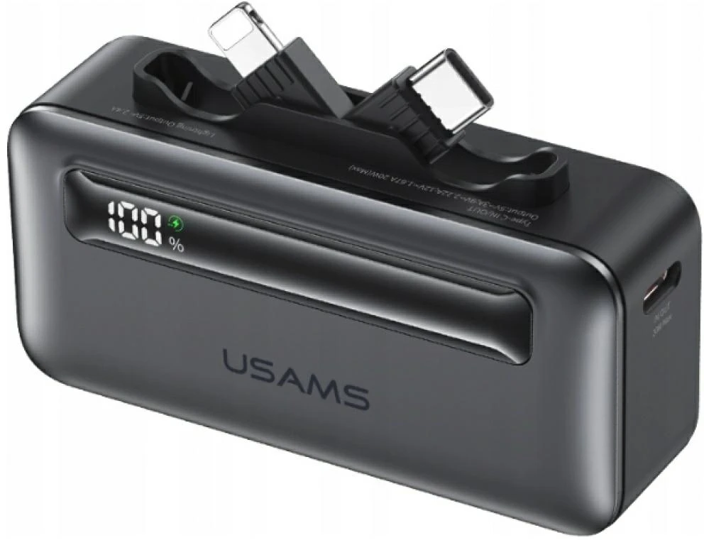 Nešiojamoji baterija USAMS XB-Series CD233 5000mAh PD 20W su USB-C / Lightning laidu, spalvota