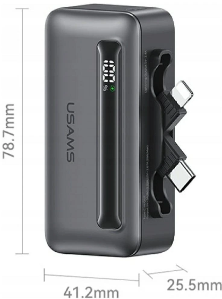 Nešiojamoji baterija USAMS XB-Series CD233 5000mAh PD 20W su USB-C / Lightning laidu, spalvota