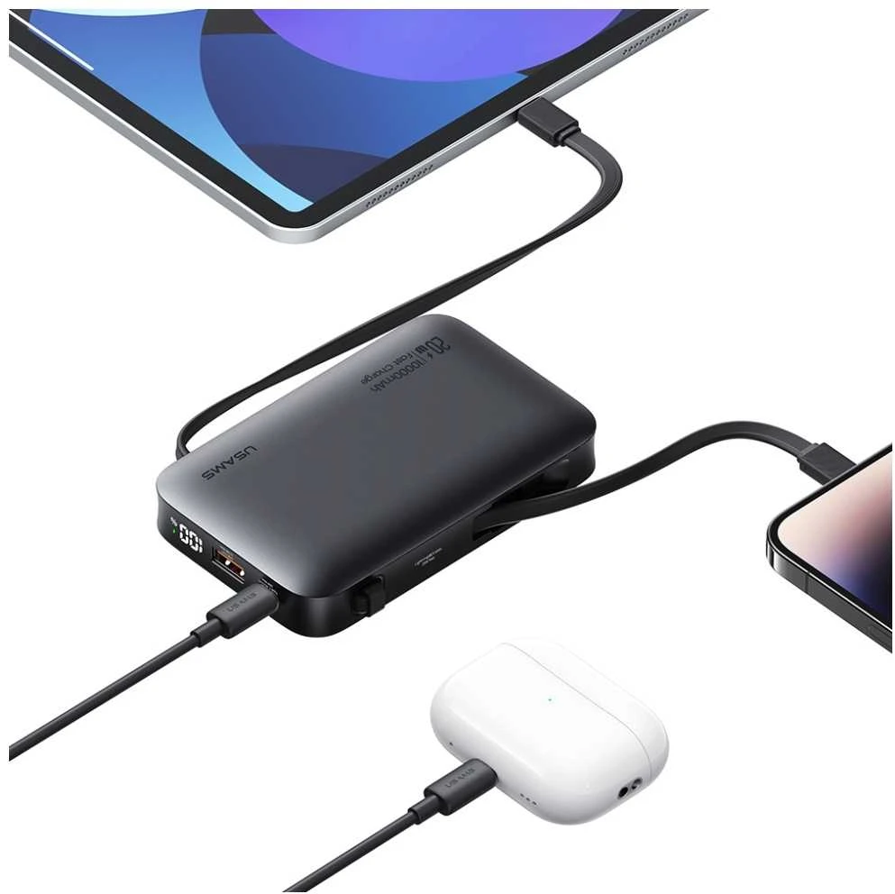 Powerbank USAMS XR Series CD228 10000mAh 20W + USB-C/Lightning cable juodos spalvos