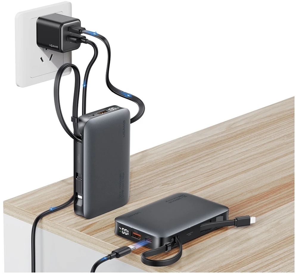 Powerbank USAMS XR Series CD228 10000mAh 20W + USB-C/Lightning cable juodos spalvos