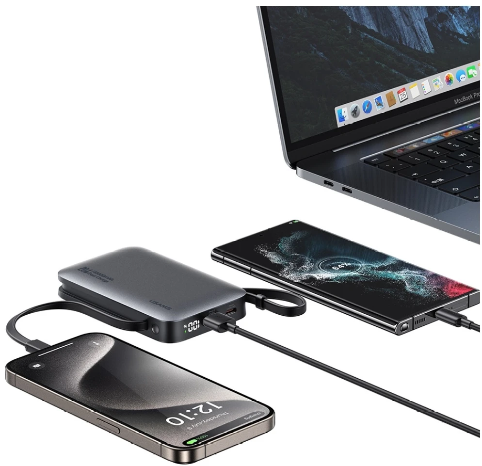 Powerbank USAMS XR Series CD228 10000mAh 20W + USB-C/Lightning cable juodos spalvos