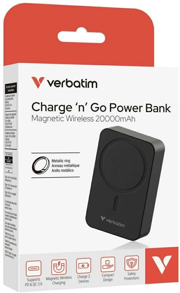 Verbatim Charge ‘n’ Go Essentials magnetinis belaidis išorinis akumuliatorius, 20000mAh, Juodas