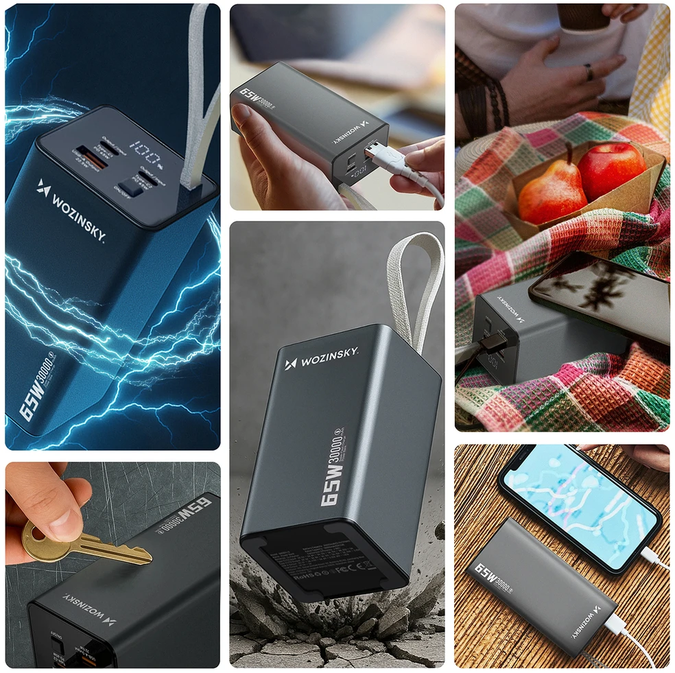 Powerbank Wozinsky K65+ 65W 30000mAh 2x USB-C, 1x USB-A 65W – pilka