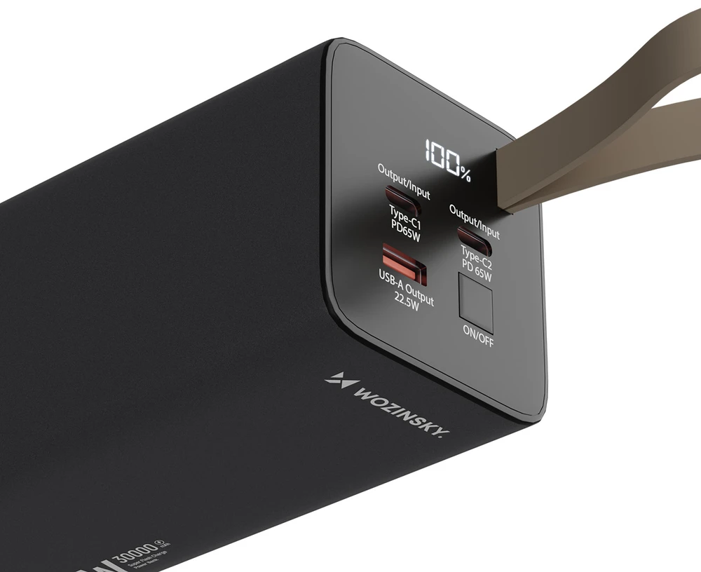 Powerbank Wozinsky K65+ 65W 30000mAh 2x USB-C, 1x USB-A 65W – pilka