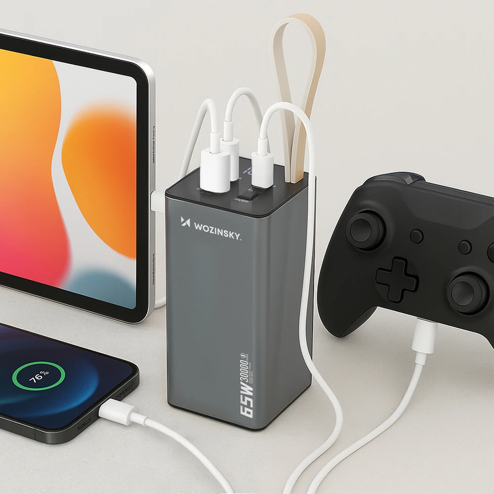 Powerbank Wozinsky K65+ 65W 30000mAh 2x USB-C, 1x USB-A 65W – pilka