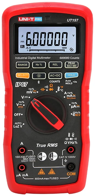 Pramoninis multimetras, 1000V AC/DC, 10A AC/DC, 60MOm; 60mF; 1MHz; 1000C, TRMS, IP67, Bluetooth, CAT IV 1000V ir CAT III 1500V, UNI-T