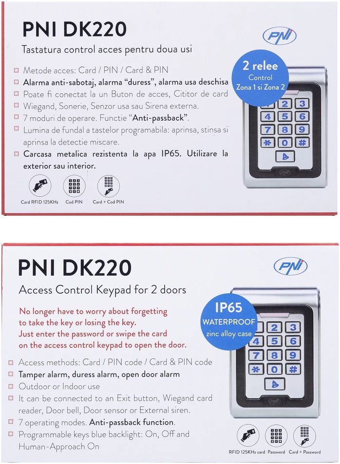 Prieigos kontrolės klaviatūra PNI DK220, autonominė, išorės ir vidaus, IP65, su 2 relėmis