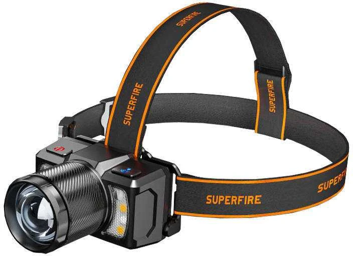 Superfire Žibintuvėlis ant galvos, įkraunamas USB C, 700lm, 15W, 2400mAh, 8 rėžimai