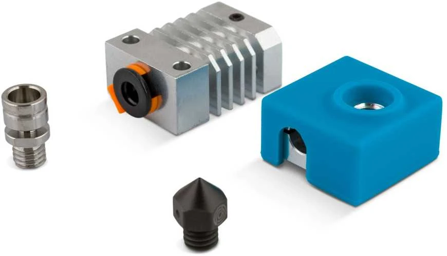 PrimaCreator Hot-End komponentai su mėlynu silikoniniu blokeliu