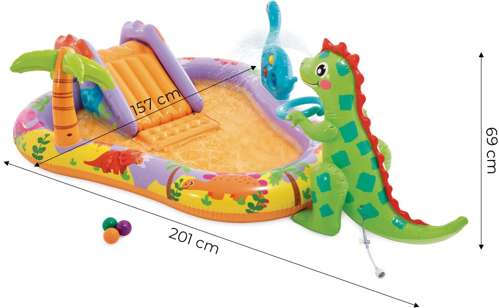 Pripučiamas vaikų baseinas su čiuožykla ir fontanu Dinozauras INTEX 56139 201x157x69 cm
