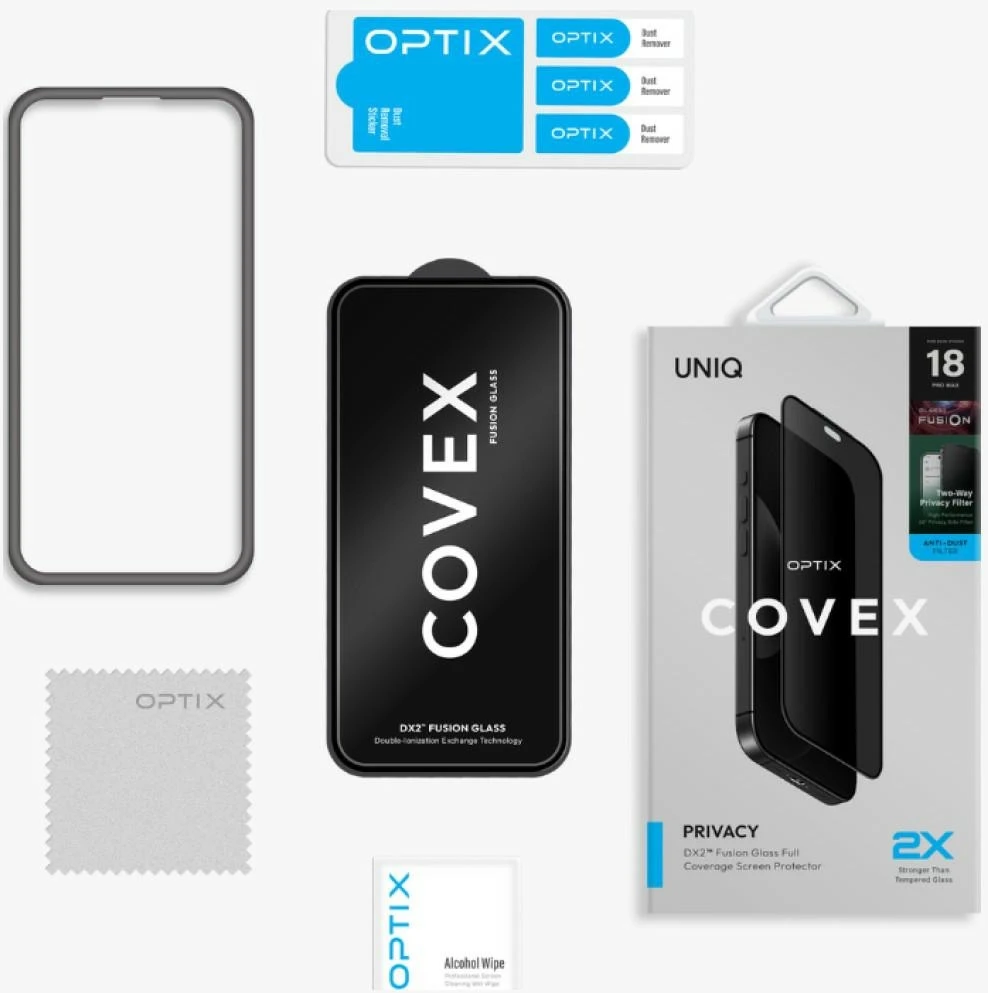 Privatumą užtikrinantis grūdintas stiklas UNIQ Optix Covex Privacy DX2, skirtas iPhone 18 Pro Max