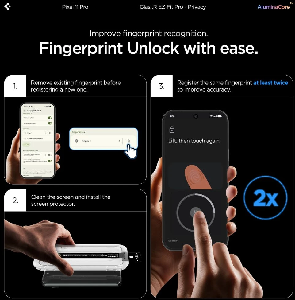 PRIVATUMĄ UŽTIKRINANTIS STIKLAS Spigen GLAS.TR EZ FIT PRO AC 2-PACK GOOGLE PIXEL 9 / 9 PRO / 10 PRO / 11 PRO PRIVACY