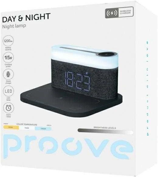 Proove 3-in-1 naktinis prie lovos šviestuvas + Alarm clock Day & Night LED 1200mAh 3W belaidis įkroviklis 15W pilkos spalvos