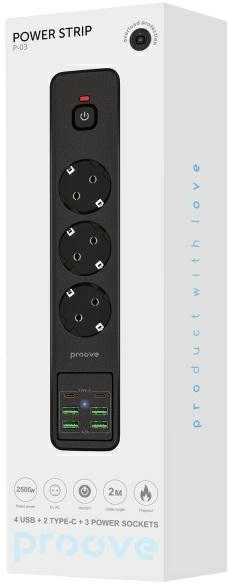 Proove maitinimo ilgintuvas 2m 3000W maitinimo lizdas P-03 (3xAC + 4xUSB + 2xType-C) juodos spalvos