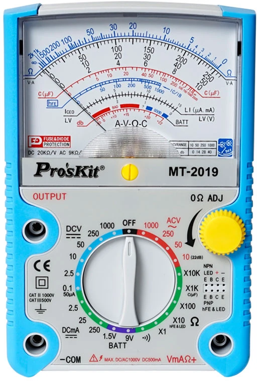 Multimetras rodyklinis 0.1-1000V AC/DC, 0.05-250mA DC, su varžos ir talpos matavimu, tranzistorių, diodų, grandinės testavimu, Pro'sKit