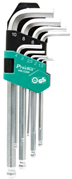 Šešiabriaunių raktų komplektas su apvaliais galais (Ball) 9 vnt., HW-229B Pro'sKit