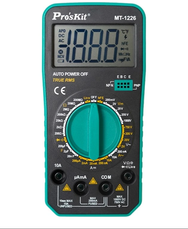 Skaitmeninis True RMS Pro’sKit MT-1226 multimetras su 1000V DC ir 750V AC matavimu iki 10A bei diodų tranzistorių ir grandinės testavimo funkcijomis