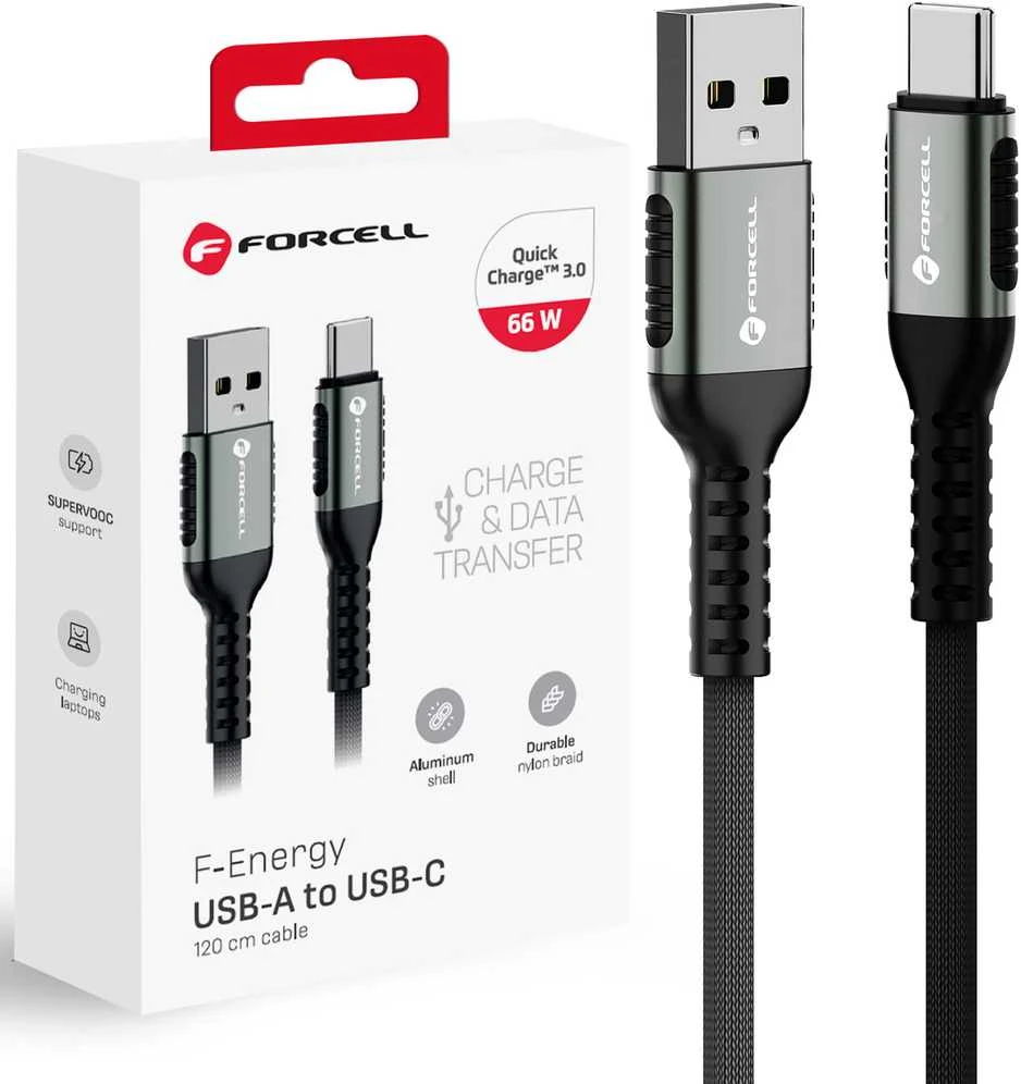 USB A į USB C laidas Forcell F-Energy QC4.0 3A 66W Cafule 1,2 m C256 juodas