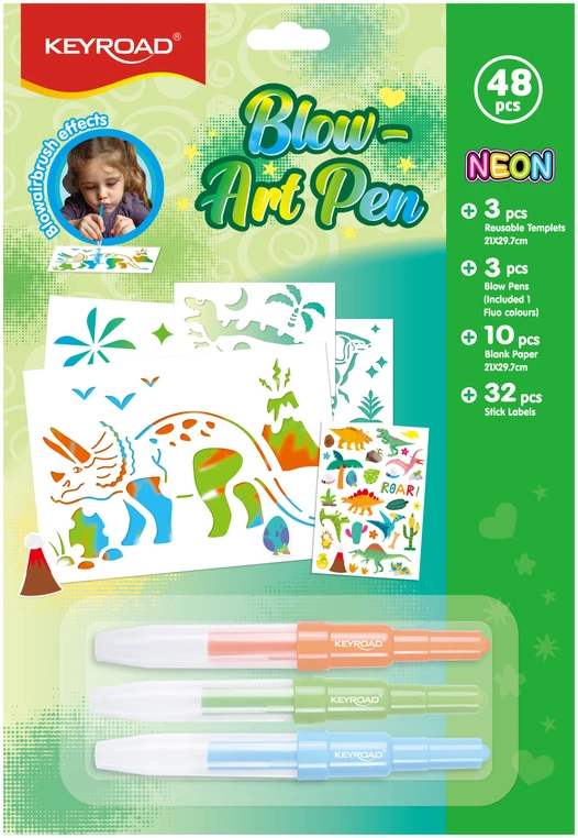 Pučiami flomasteriai Keyroad Blow Art Pen, 3 spalvų, 3 trafaretai, 10 popieriaus lapų, 22 lipdukai