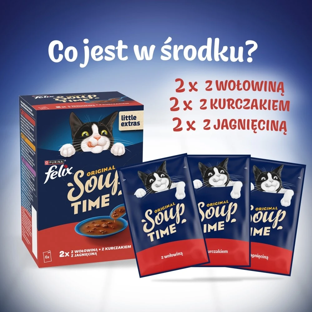 Purina Nestle Felix Original Soup Time Box jautiena, ėriena, chcken – šlapias kačių maistas – 6x48g