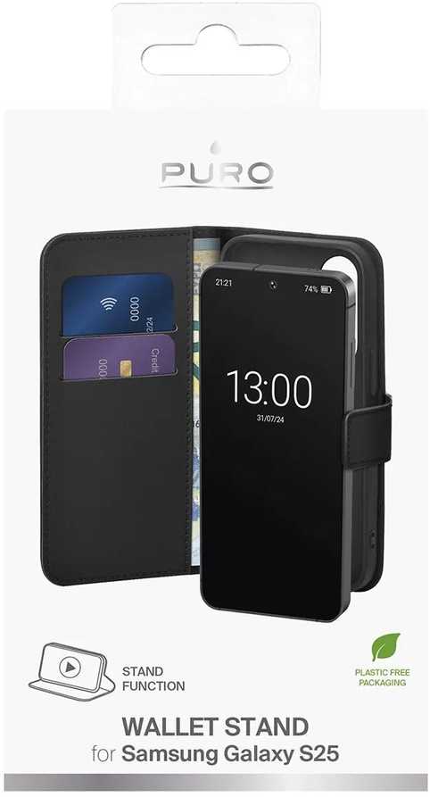 Puro Booklet Samsung Galaxy S25 - dėklas telefonui juodos spalvos