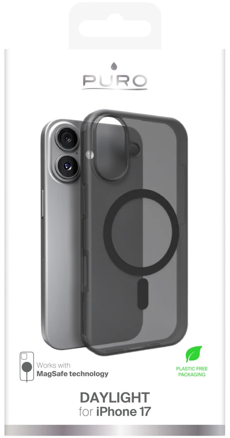 Puro „Daylight“ „MagSafe“ suderinamas silikoninis dėklas, skirtas „iPhone 17“ – permatomai juodas