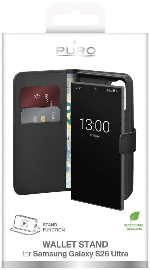 Puro Eco-Leather dėklas skirtas Samsung Galaxy S26 Ultra with Wallet – juodos spalvos