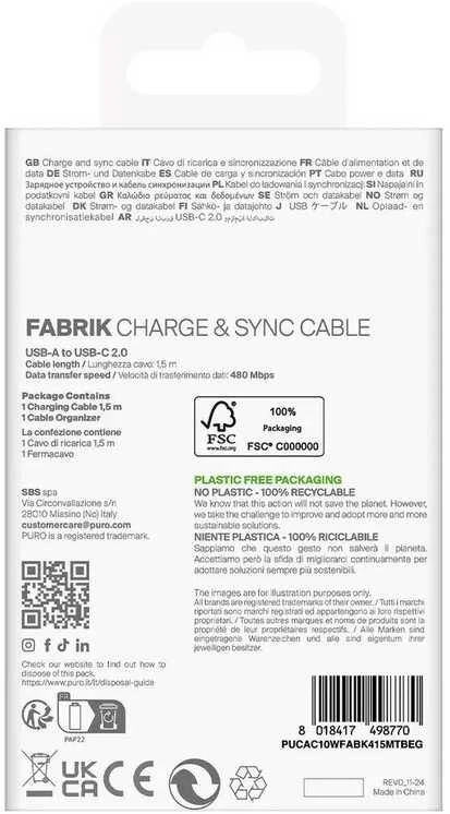 Puro Fabrik 10W pintas kabelis USB-A - USB-C 1.5m - rusvai gelsvas