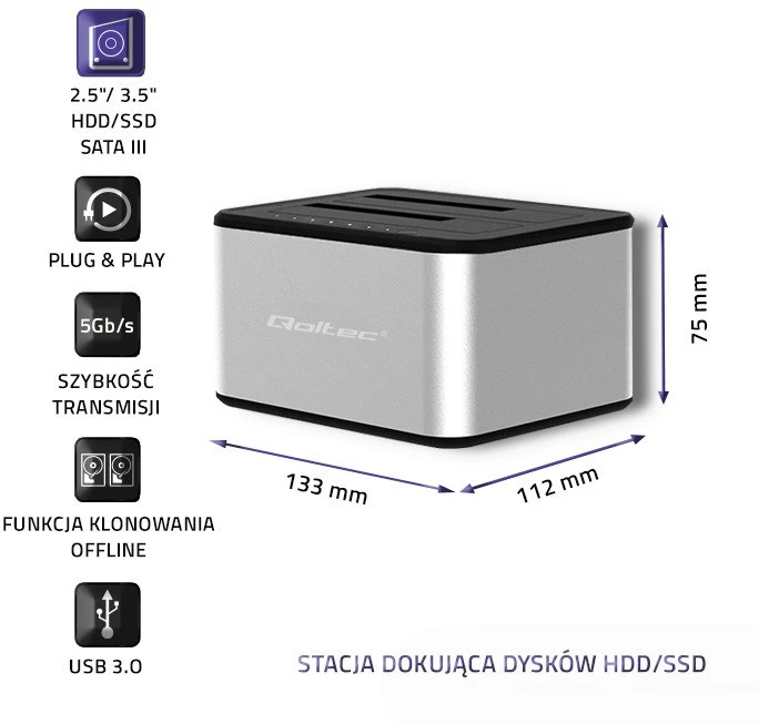 QOLTEC 50316 2x HDD / SSD prijungimo stotelė 2,5 / 3,5 colio SATA USB 3.0 klonavimas