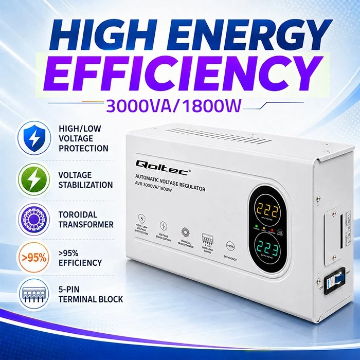 Qoltec automatinis įtampos stabilizatorius AVR 3000VA 1800W kompaktiškas toroidinis transformatorius