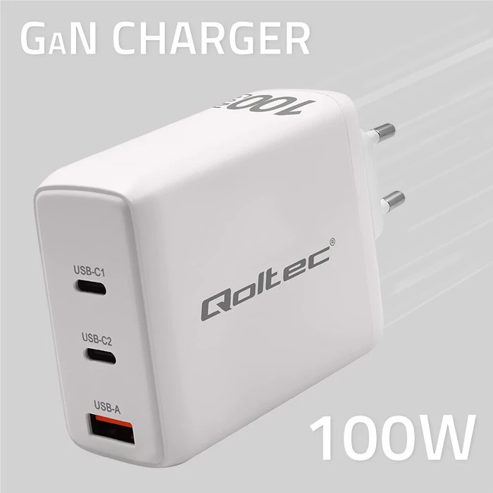 Adapteris Įkroviklis tinklo 100 W gan 5-20 V 15-5 A 2 x usb-c pd 1 usb qc 3.0 baltas Qoltec