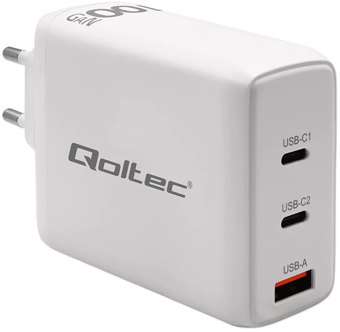 Adapteris Įkroviklis tinklo 100 W gan 5-20 V 15-5 A 2 x usb-c pd 1 usb qc 3.0 baltas Qoltec