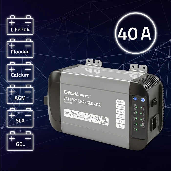 Akumuliatorius QOLTEC 51956 išmanusis „Monolith“ įkroviklis LiFePO4 AGM GEL SLA akumuliatoriams / 40A / 12V